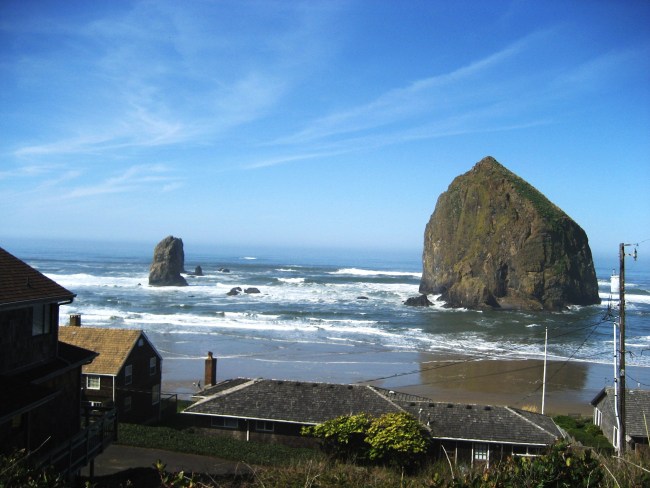Haystack Rock at high tide at Cannon Beach