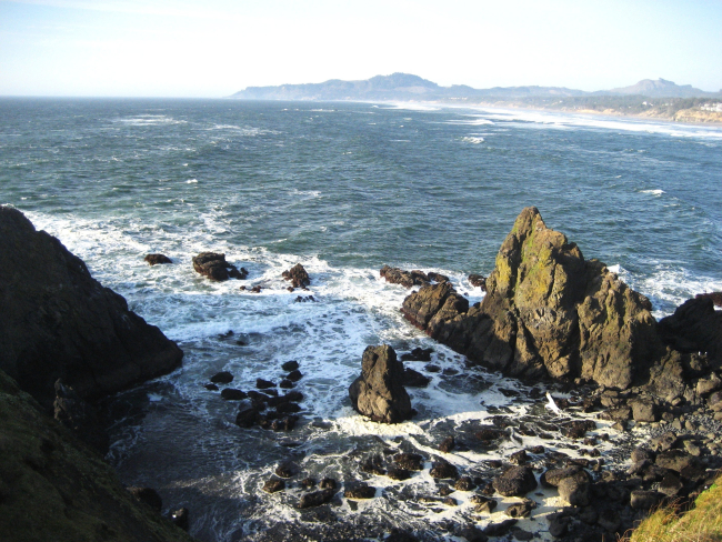 Whitecaps, wind, surf, and a rocky shore