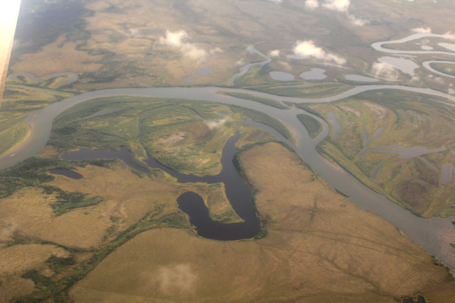 Flying over the Unalakleet River Delta showing oxbow lakes and bends on thelow gradient area next to Norton Sound