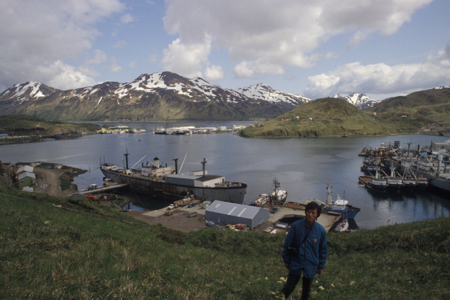 A view of Dutch Harbor with fishing vessels and a large converted freighterbeing used as a cannery ship