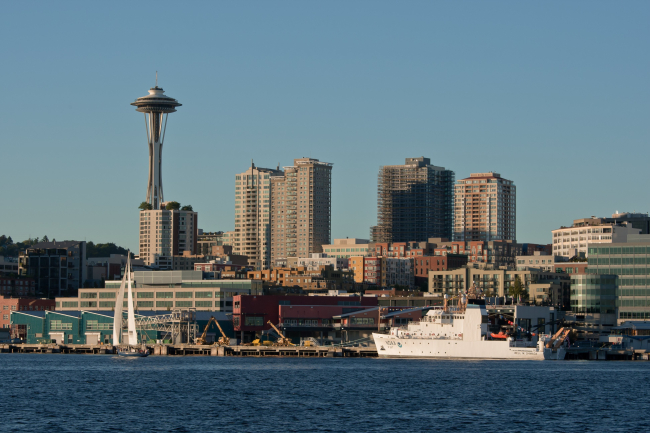 Seattle waterfront, Space Needle, and NOAA Ship BELL SHIMADA