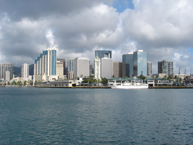 The San Diego skyline as seen from the NOAA Ship BELL SHIMADAapproaching Broadway pier