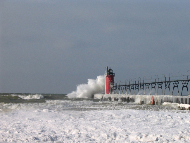 South Haven Lighthouse in a winter storm