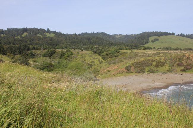 A stream valley leading to the Coast Ranges, coming to the sea at a smallcove near Fort Ross
