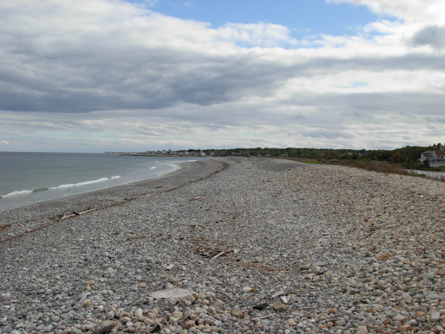 The storm surge and surf protection wall composed of cobbles at Scituate