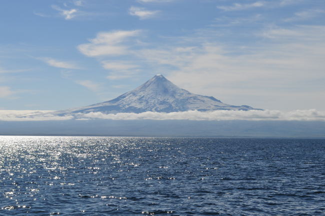 Shishaldin Volcano rising majestically above the Bering Sea