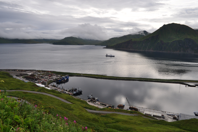 Man-made breakwater sheltering vessels at Dutch Harbor