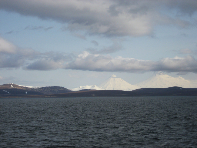 Pavlof Sister and Pavlof Volcano from the north side of the Alaska Peninsula