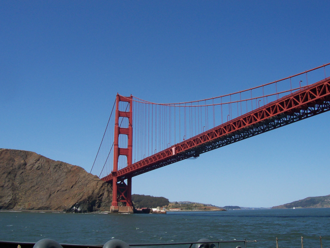 North pier of the Golden Gate Bridge seen looking back as theMILLER FREEMAN departs San Francisco Bay
