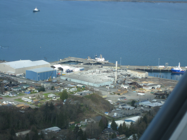 Aerial view of the harbor at Port Angeles with the MILLER FREEMANtied up at the pier