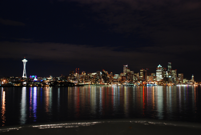 Seattle waterfront at night from Elliott Bay