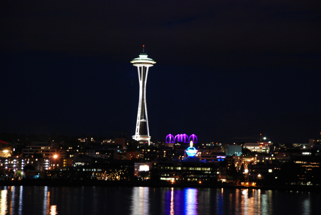 The Space Needle at night from Elliott Bay