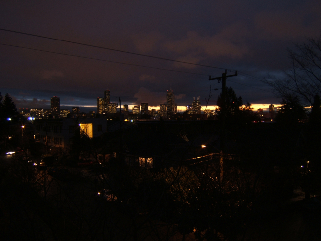 A view of a Seattle neighborhood at night