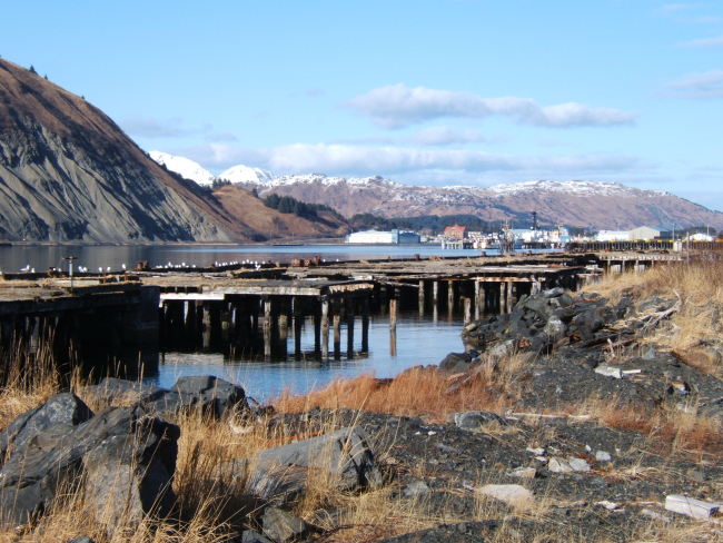 Looking over crumbling piers to the Coast Guard Base at Kodiak
