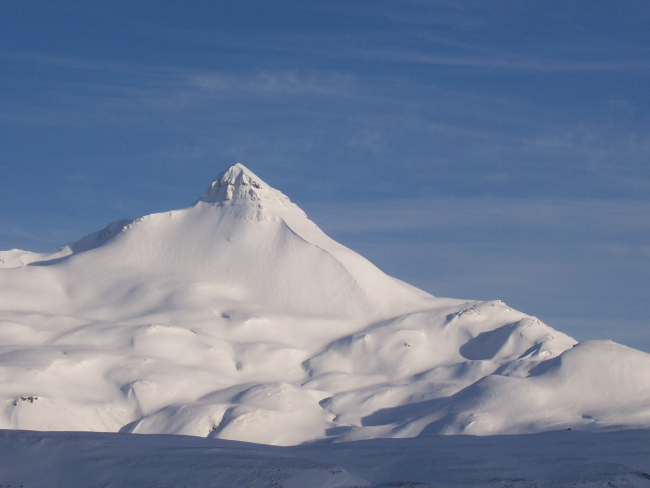 A snow-covered Pyramid Peak in the waning days of winter