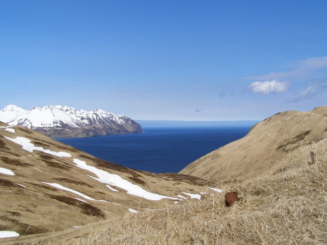 A view of a white-capped ocean from above Dutch Harbor