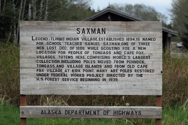 Historical marker sign explaining the significance of the village ofSaxman in the Ketchikan area