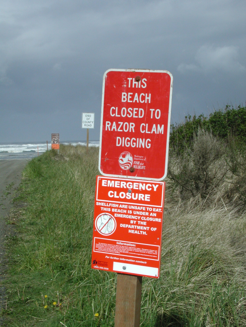 Razor clam digging area sign along Washington coast indicatingcontaminated shellfish