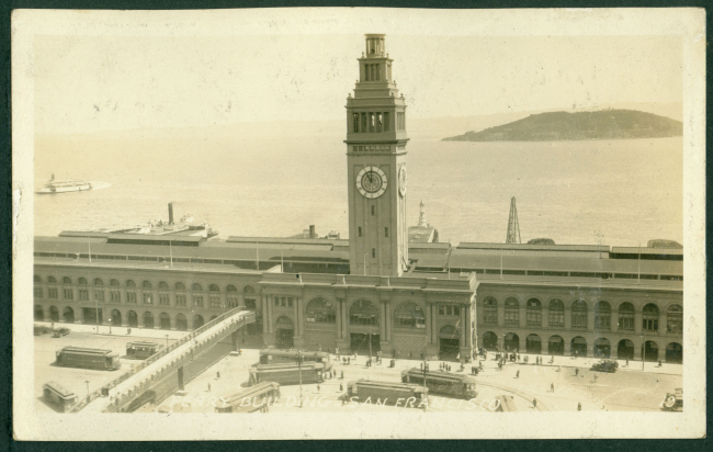 The San Francisco Ferry Building with Yerba Buena Island in the background