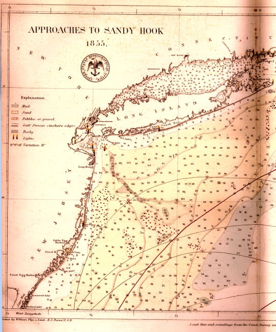 Bottom characteristic map of the approaches to New York Harbor by United States Hydrographical Office as published in Matthew Fontaine Maury's Wind andCurrent Charts for 1858