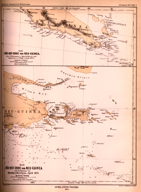 Map of the area southeast of New Guinea showing various reefs and islands ina sparsely surveyed area