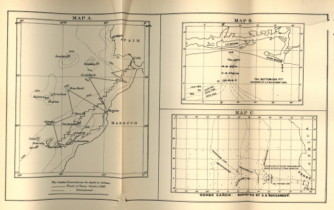 Maps of the track of the DACIA in 1883, the Bottomless Pit, and Congo Canyon,by Edward Stallibrass, a British telegraph engineer, as published in 1887 inDeep-Sea Sounding in Connection with Submarine Telegraphy, Journal of theSociety of Telegraph-Engineers and Electricians, Volume XVI, No