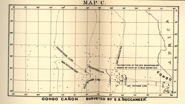 Map of the Congo Canyon as surveyed by the Cable Ship BUCCANEER, byEdward Stallibrass, a British telegraph engineer, as published in 1887 inDeep-Sea Sounding in Connection with Submarine Telegraphy, Journal of theSociety of Telegraph-Engineers and Electricians, Volume XVI, No