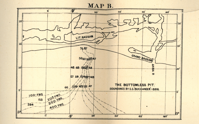 Map of the Bottomless Pit (a canyon) as surveyed by the Cable Ship BUCCANEER,by Edward Stallibrass, a British telegraph engineer, as published in 1887 inDeep-Sea Sounding in Connection with Submarine Telegraphy, Journal of theSociety of Telegraph-Engineers and Electricians, Volume XVI, No