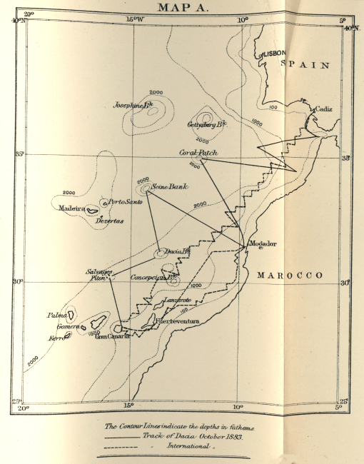 Map of the track of the Cable Ship DACIA in 1883, showing Concepcion, Dacia,Seine, Josephine, and Gettysburg Banks, and Coral Patch, by Edward Stallibrassin Deep-Sea Sounding in Connection with Submarine Telegraphy, Journal of theSociety of Telegraph-Engineers and Electricians, Volume XVI, No