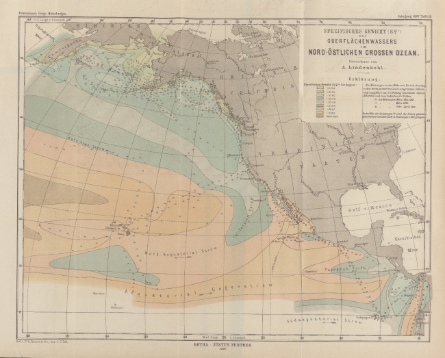 A map by Adolph Lindenkohl of the United States Coast and Geodetic Surveyshowing the specific gravity of the waters of the North Pacific Ocean