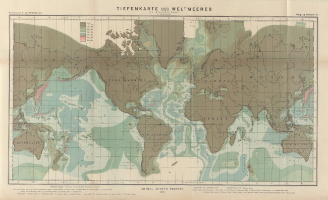 Alexander Supan's world map of 1899 showing both deeps and bathymetric highsof the World Ocean