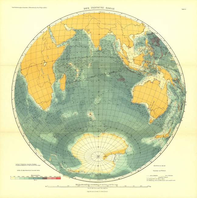 A 1912 map of the Indian Ocean in Tiefenkarten der Ozeane mit Erlauterungenby Max Groll