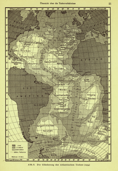 Map of the Atlantic Ocean published following the METEOR Expedition byTheodor Stocks and George Wust in: Die Tiefenverhaltnisse des OffenenAtlantischen Ozeans 1935