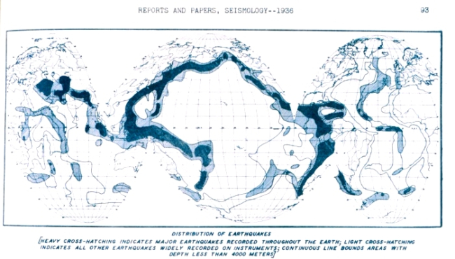 Distribution of Earthquakes as mapped by Commander Nicholas Heck of theUnited States Coast and Geodetic Survey and published in the Transactions of theAmerican Geophysical Union for 1936 (P