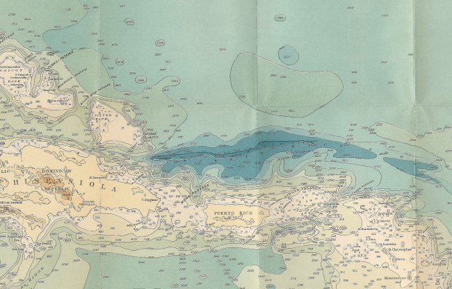 1939 chart of the Caribbean by Navy Hydrographic Office showingstate of knowledge of bathymetry of the Caribbean and surrounding seas