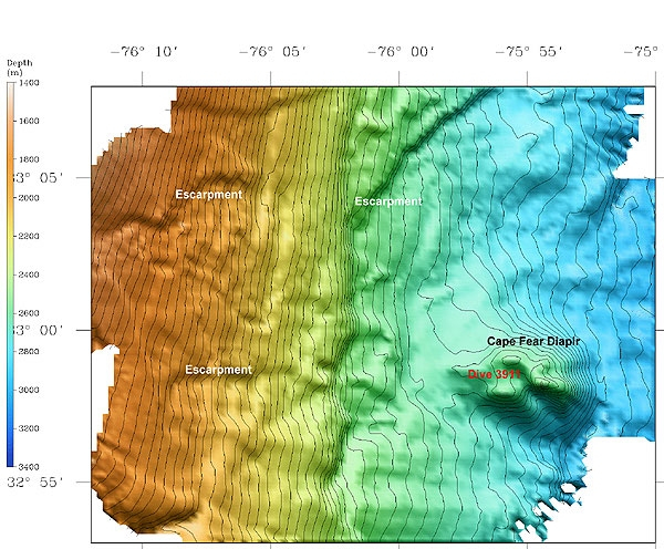3-D view of the continental slope and Cape Fear Diapir on the continental slopeoff North Carolina