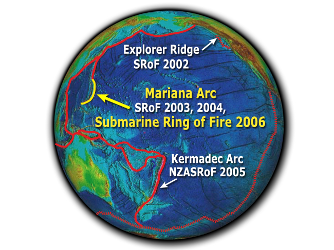 Full disc map of Pacific Ocean showing location of Submarine Ring of FireExpeditions from 2002 through 2006
