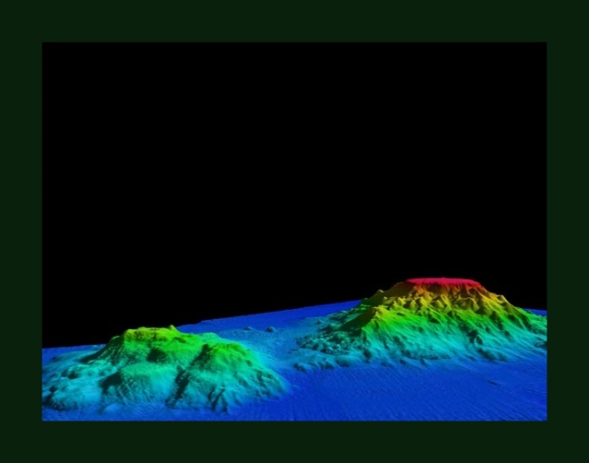 3-D view of Giacomini and Ely Seamounts in the Gulf of Alaska shows the ruggedflanks and flat tops typical of seamounts in this area