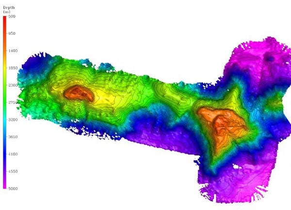 Bathymetry of the Milne-Edwards (left) and Verrill Seamounts, shaded relief map