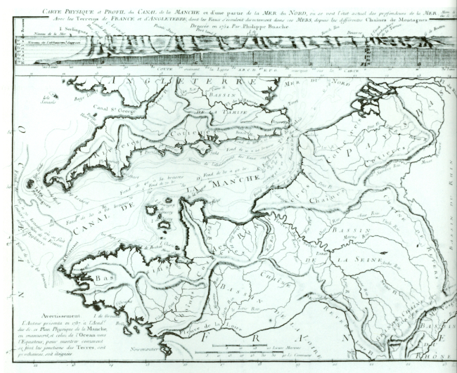 Early bathymetric and geologic map of the English Channel area by PhilippeBuache in 1752