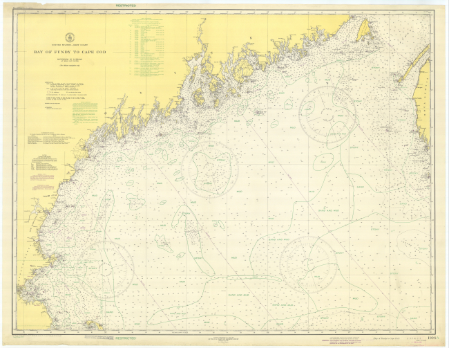 Coast and Geodetic Survey chart of Bay of Fundy to Cape Cod with overlays ofbottom characteristics as mapped by Woods Hole Oceanographic Institution for the National Research Defense Committee and location of known offshore shipwrecks