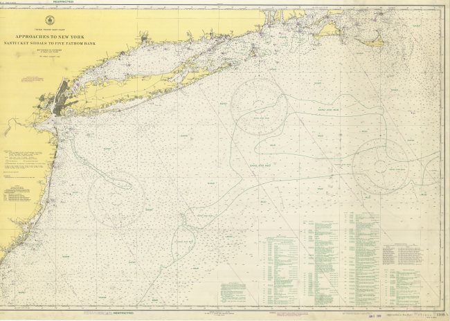 Coast and Geodetic Survey chart Approaches to New York Nantucket Shoals to FiveFathom Bank showing bottom characteristics as mapped by Woods HoleOceanographic Institution for the  National Research Defense Committee andlocation of known offshore shipwrecks