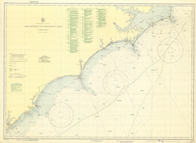 Coast and Geodetic Survey chart Cape Hatteras to Charleston Light showingbottom characteristics as mapped by Woods Hole Oceanographic Institution for the National Research Defense Committee and location of known offshore shipwrecks