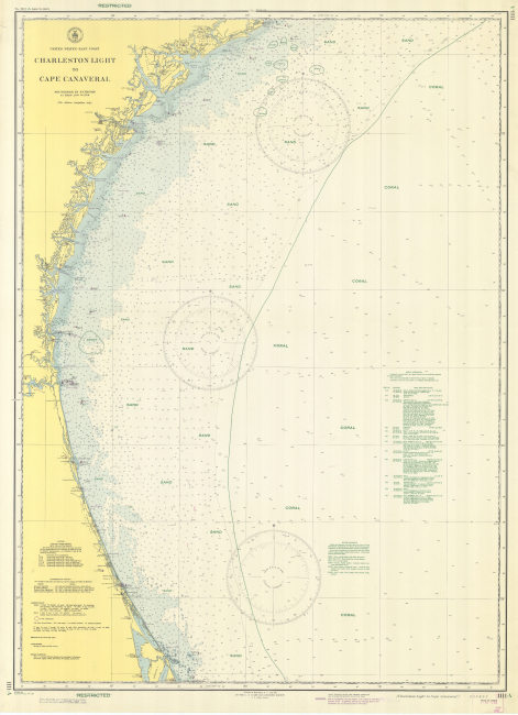 Coast and Geodetic Survey chart Charleston Light to Cape Canaveral showingbottom characteristics as mapped by Woods Hole Oceanographic Institution for the National Research Defense Committee and location of known offshore shipwrecks