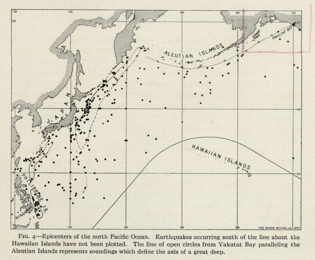 Crudely located epicenters of earthquakes published by Nicholas Heck of theCoast and Geodetic Survey in 1927