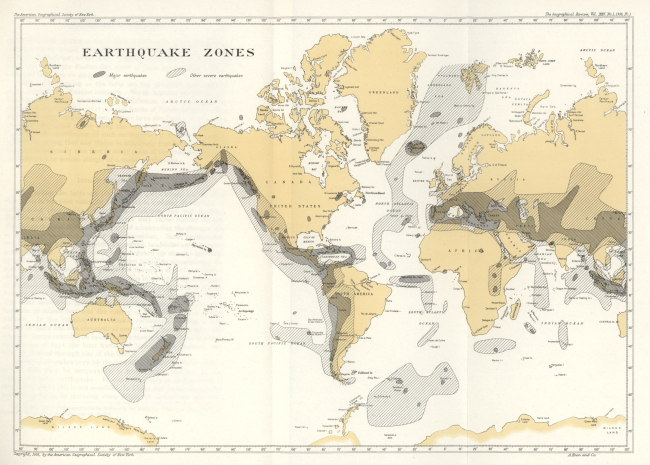 1935 map of Earthquake Zones showing correlation with Pacific Ring of Fire,Mid-Atlantic Ridge, and segments of ridge in both Pacific and Indian Oceans