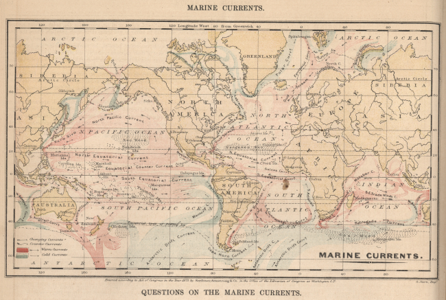 Map of major marine currents of the world in: Physical Geography, by ArnoldGuyot, 1873