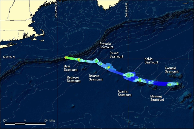 Map showing location of many of the seamounts of the New England SeamountChain