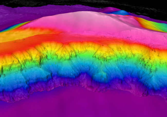 A 3-D view of the amphitheater-shaped slump scars on the northwestern wall ofBrothers Volcano