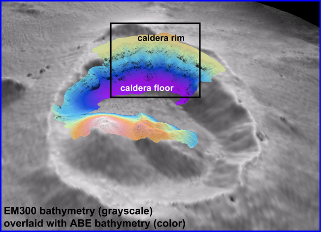 ABE high resolution bathymetry overlaid on EM 300 bathymetry at Brothers Volcano
